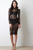 Open Back Lace Long Sleeve Bodycon Midi Dress