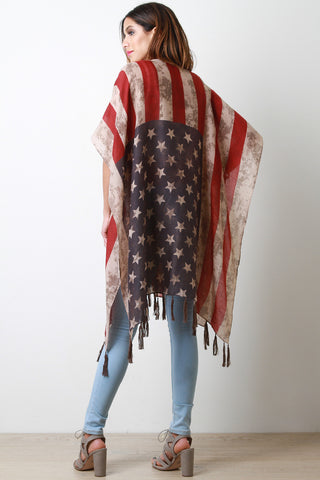 Americal Flag Print Tassel Hem Cardigan Kimono