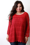 Contrast Semi-Sheer Crochet Lace Long Sleeve Top