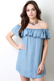 Off The Shoulder Ruffle Chambray Mini Dress