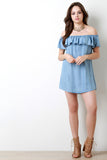 Off The Shoulder Ruffle Chambray Mini Dress