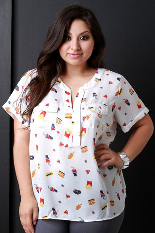 Refreshments Print Pocketed Placket Top