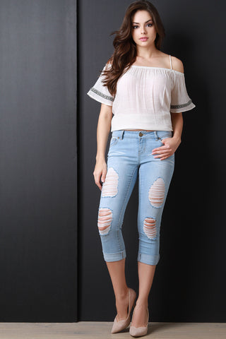 Distress Cuff Capri Denim Jeans