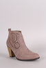 Qupid Vegan Suede Laser Cut Chunky Heel Cowgirl Booties