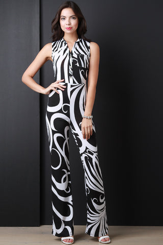 Abstract Print Sleeveless Flare Jumpsuit