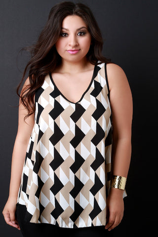 Contrast Geo Pattern V-Neck Top