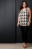 Contrast Geo Pattern V-Neck Top