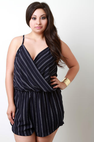 Striped Surplice Elastic Waist Romper