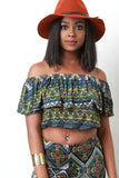 Ethnic Print Ruffle Off The Shoulder Top