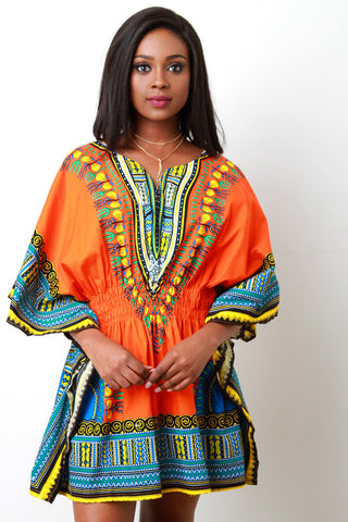 African Dashiki Smock Waist Mini Dress