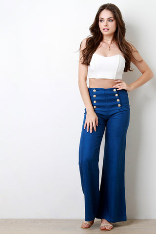 Button Detail Wide Leg High Waisted Pants