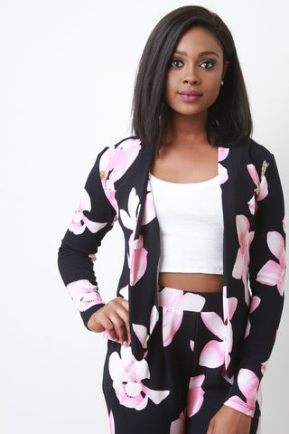 Textured Floral Open Front Collarless Blazer