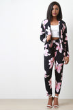 Textured Floral Open Front Collarless Blazer