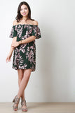 Off The Shoulder Tropical Leaf Motif Dress