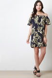 Off The Shoulder Tropical Leaf Motif Dress