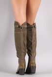 Qupid Suede Slit Buckled Strap Chunky Heeled Boots