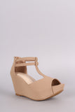 Nubuck Peep Toe T-Strap Platform Wedge