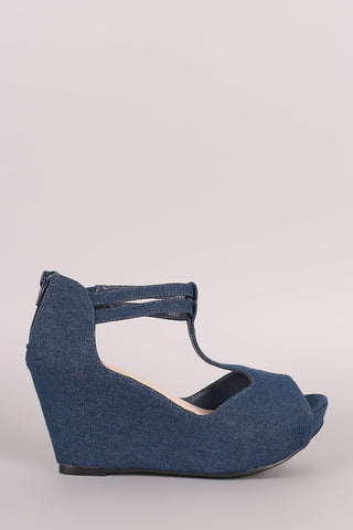 Denim Peep Toe T-Strap Platform Wedge