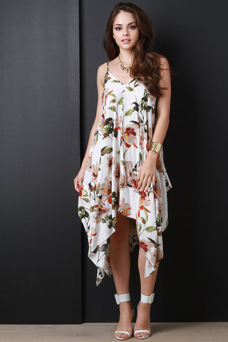 Floral Sleeveless Handkerchief Hem Trapeze Dress