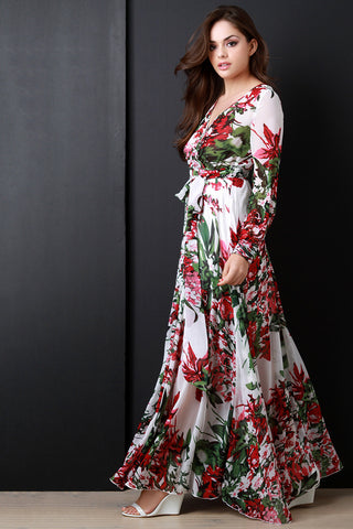 Floral Printed Chiffon Surplice Maxi Dress