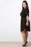 Zipper Trim Cinched Waist Elbow Sleeves Dress