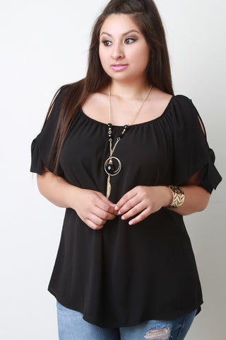 Cold Shoulder Knotted-Tie Necklace Blouse Top