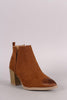 Qupid Suede Side Slit Pointy Toe Chunky Heeled Booties