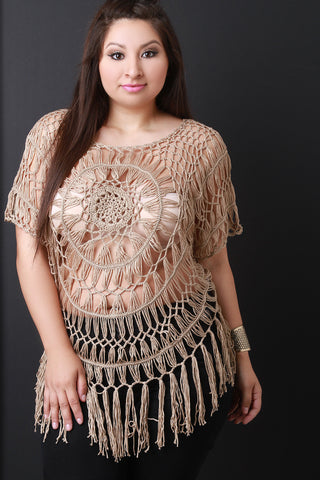 Semi-Sheer Crochet Dolman Sleeves Fringe Hem Top