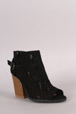 Qupid Perforated Suede Buckled Chunky Heeled Booties