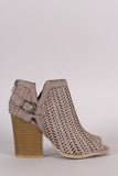 Qupid Perforated Suede Buckled Chunky Heeled Booties