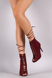 Qupid Lace Up Peep Toe Heel Booties