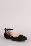 Qupid Suede Scalloped Studded Ankle Strap Ballet Flat