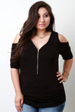 Zippered V-Neck Cold Shoulder Top