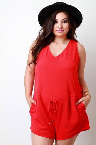 Textured Woven V-Neck Pocketed Romper