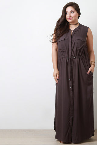 Button-Up Double Pocket Maxi Dress