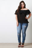 Chiffon Off The Shoulder Pleated Ruffle Blouse