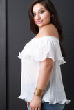 Chiffon Off The Shoulder Pleated Ruffle Blouse