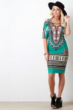 African Tribe-Inspired Elbow Sleeve Midi Dress