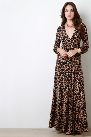 Safari Leopard Surplice Longsleeve Maxi Dress