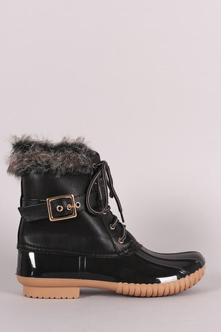 Faux Fur Cuff Lace Up Duck Ankle Boots