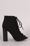 Bamboo Suede Peep Toe Lace-Up Chunky Heeled Booties