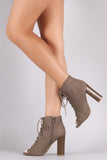 Bamboo Suede Peep Toe Lace-Up Chunky Heeled Booties