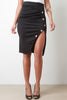 Button Accent Gathered Front Slit Pencil Skirt