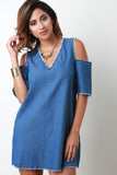 Frayed Hem Cold Shoulder Shift Dress