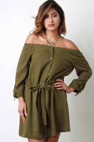 Off The Shoulder Button Up Shirt Dress