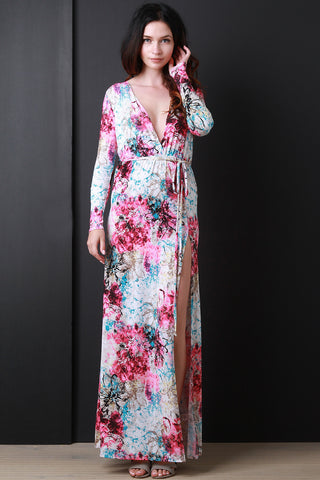 Splattered Floral Belted Maxi Dress